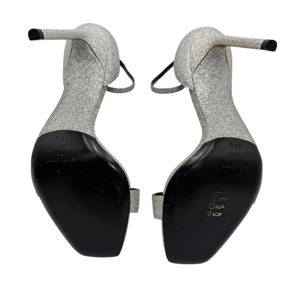 Saint Laurent Amber Stiletto Heel Sandal Silver Glitter Sparkle Size 38.5 US 8.5